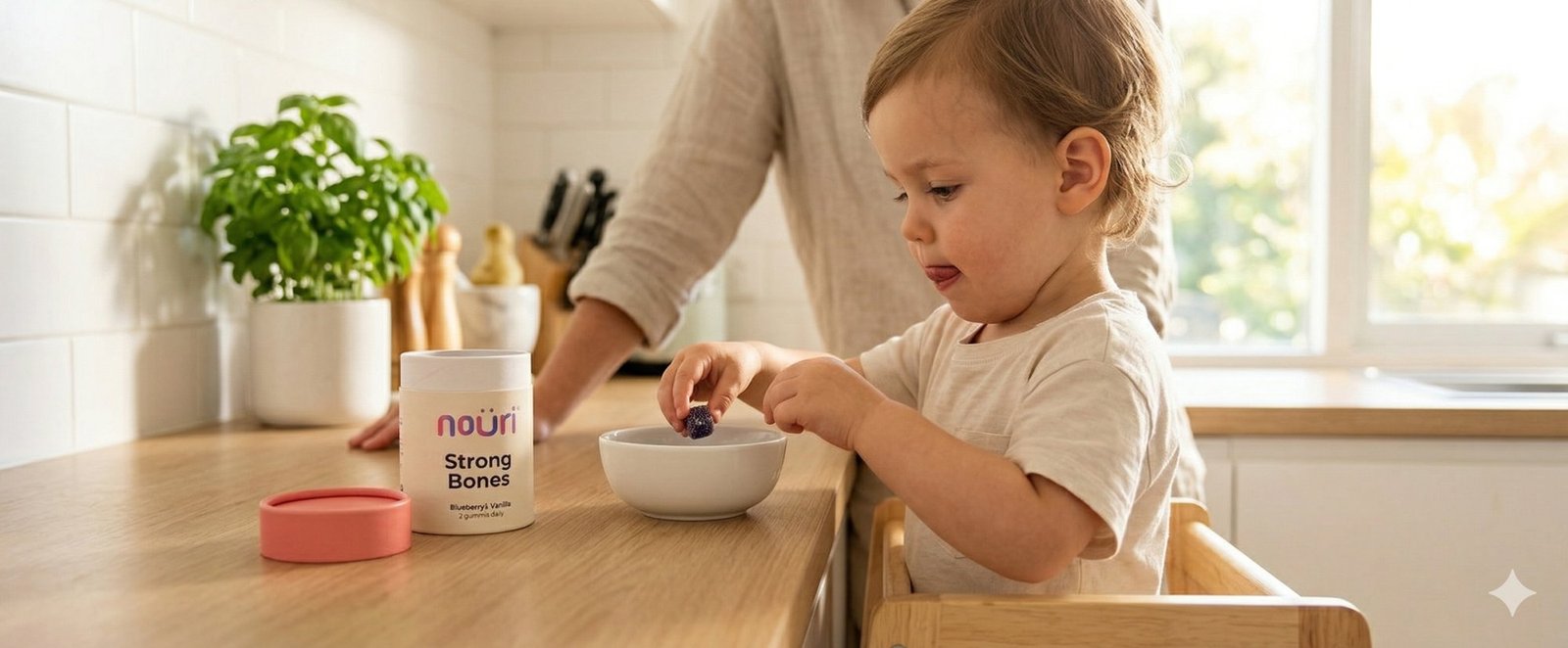 Toddler picking gummy from bowl